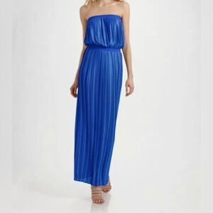 BCBGMaxAzria Mateo strapless pleated maxi dress satin glam royal blue s S EUC